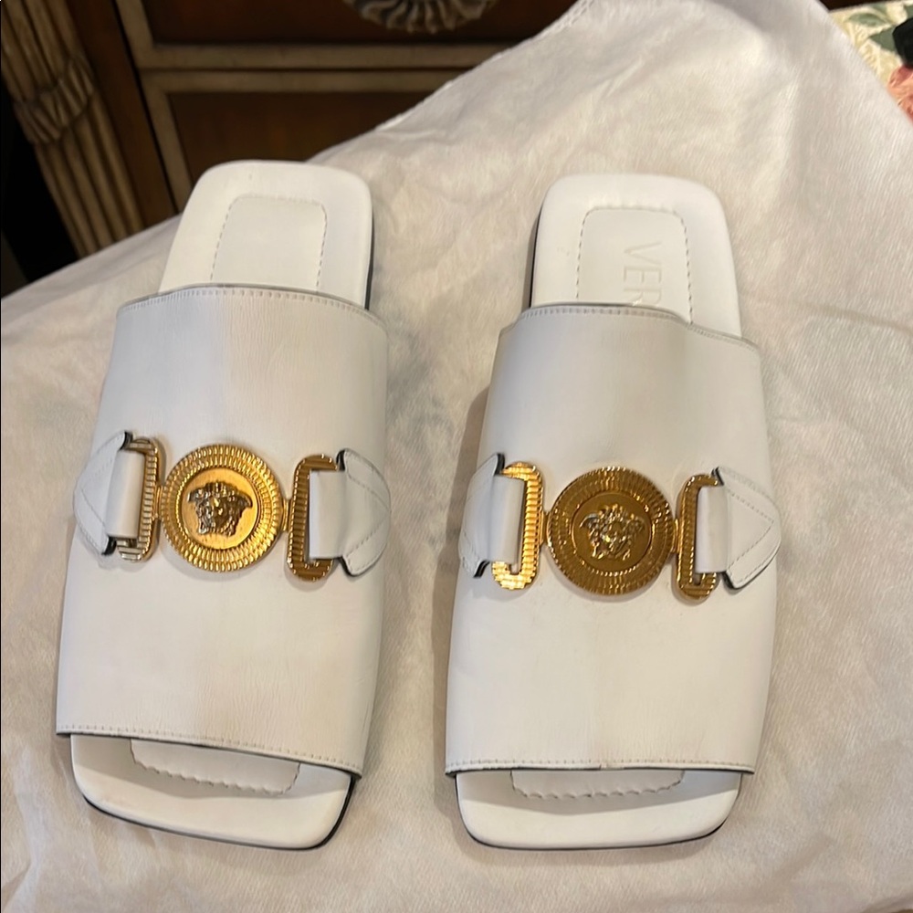 Versace White and Gold Mules with Gold Medallion